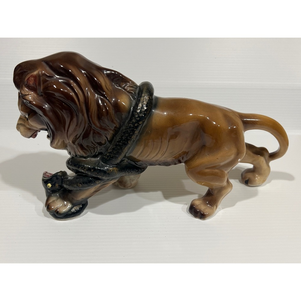 Vintage Japan Ceramic Lion Attacking Snake Figurine High Gloss Brown Statue